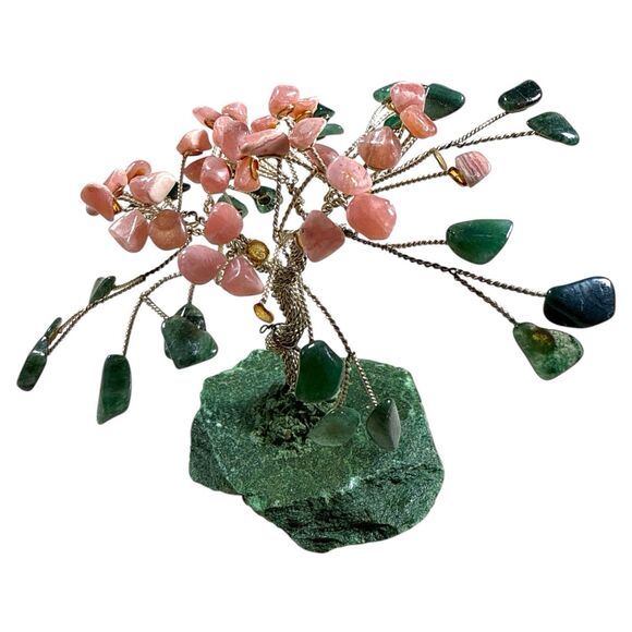 Tree of Life Aventurine & Pink Agate Gemstone Crystal Decor on Green Base - Picture 3 of 5